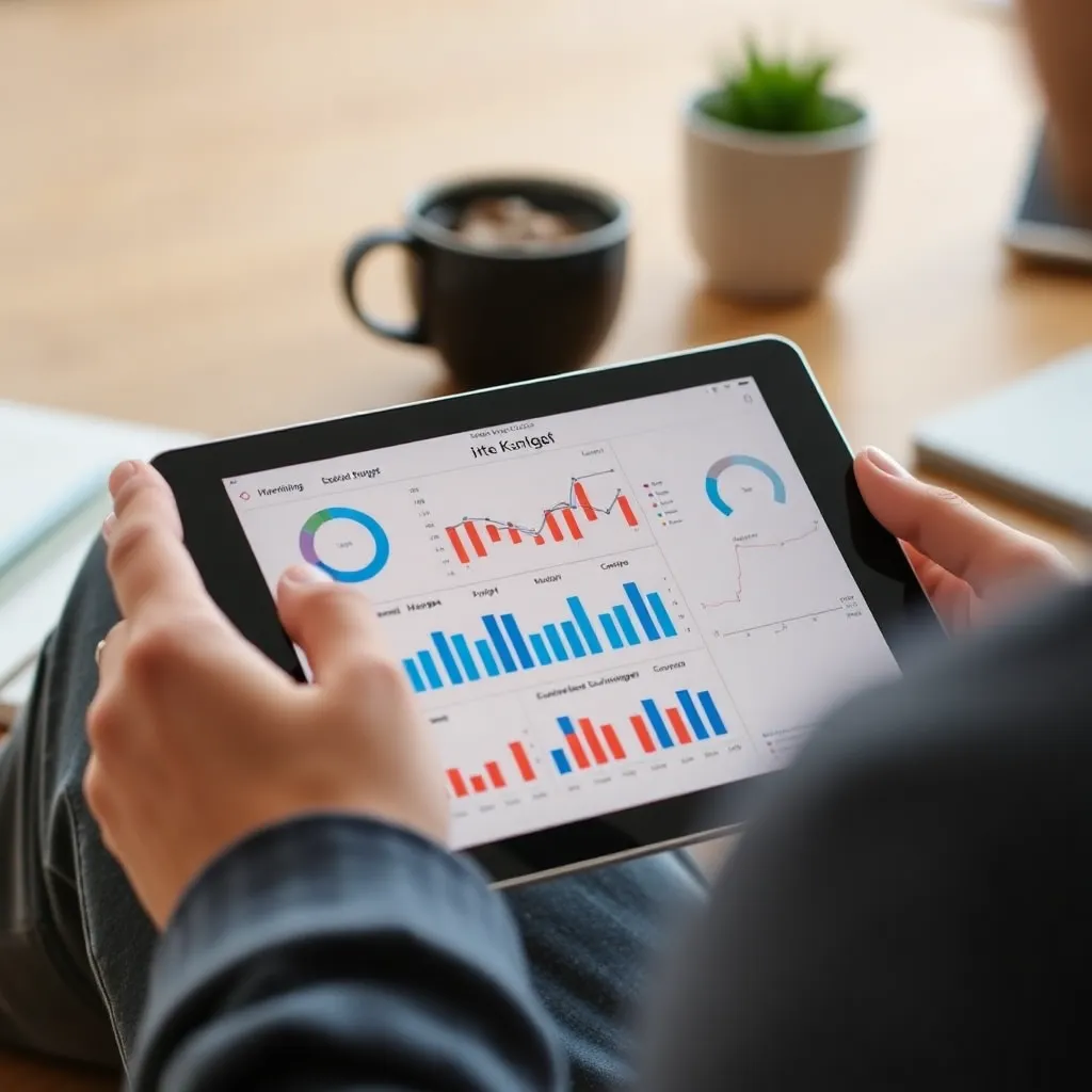 Person nutzt Finanz-Tools auf einem Tablet mit Diagrammen und Budgetplaner