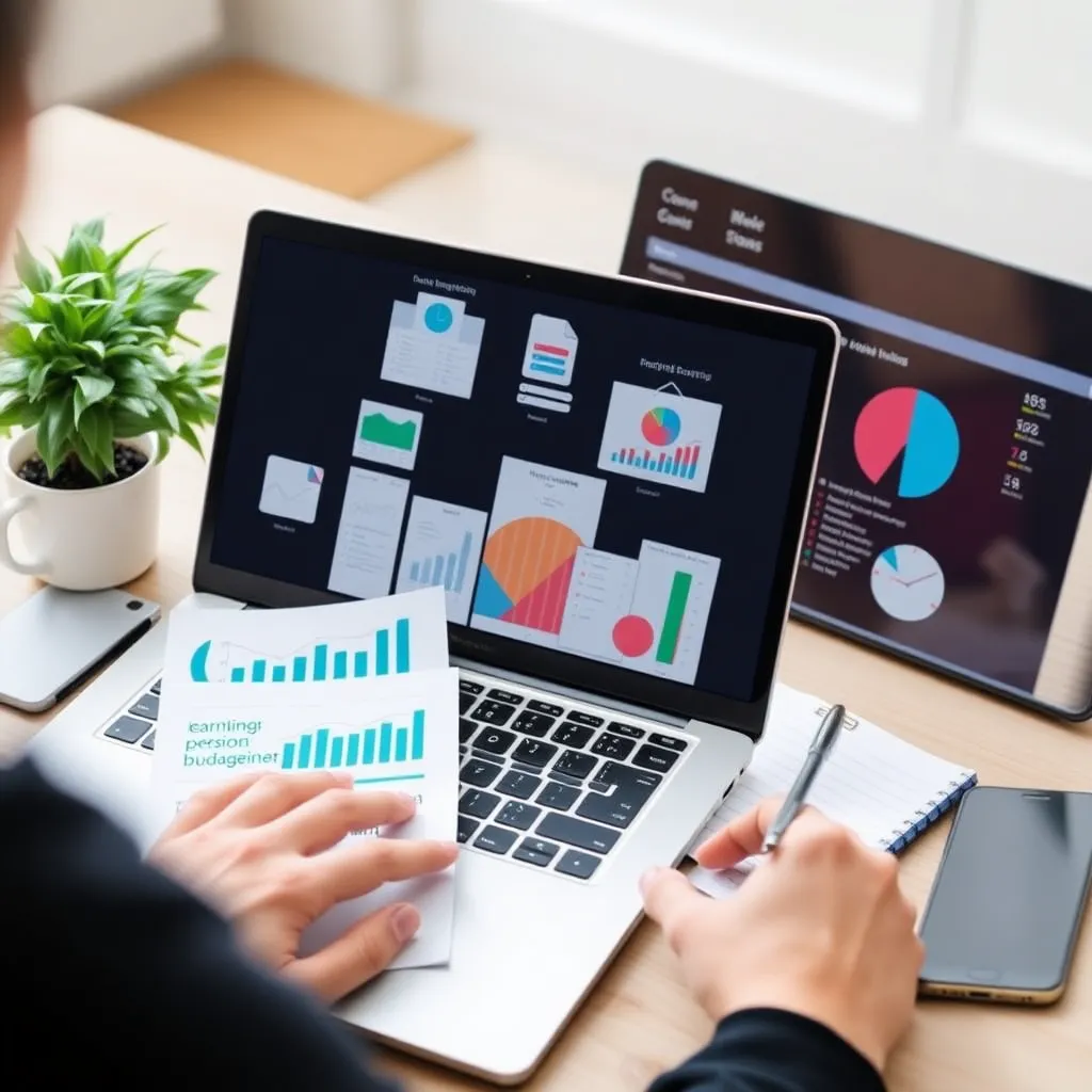 Person nutzt verschiedene Finanz-Tools am Laptop mit Notizen und Kaffeetasse